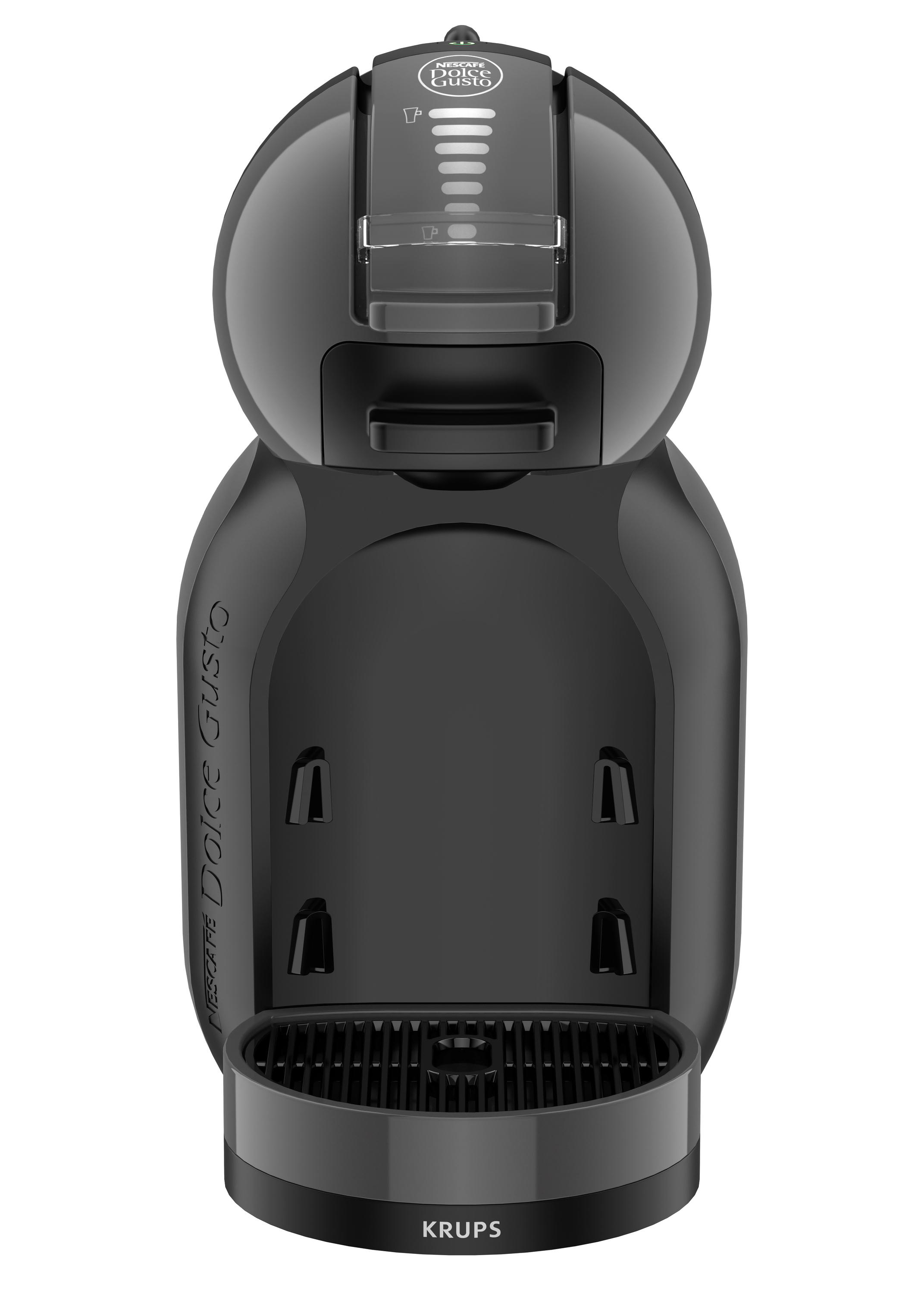 Schwarze Dolce Gusto Kaffeemaschine. Vorderansicht, ovale Form, mit Wasserstandsanzeige.