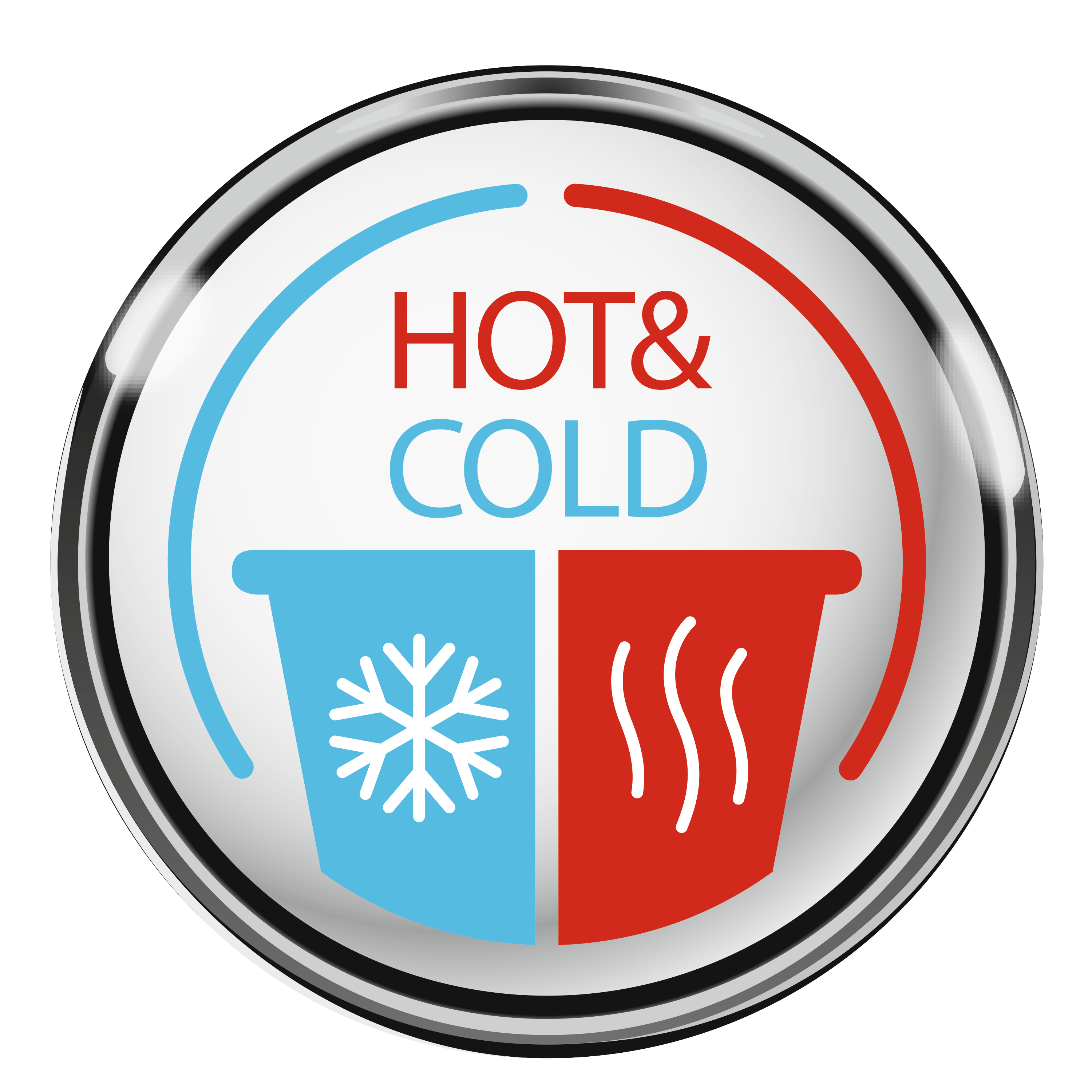 Ein kreisförmiges Emblem mit "HOT&COLD"-Text, Schneeflocken- und Dampf-Symbolen in Blau und Rot.