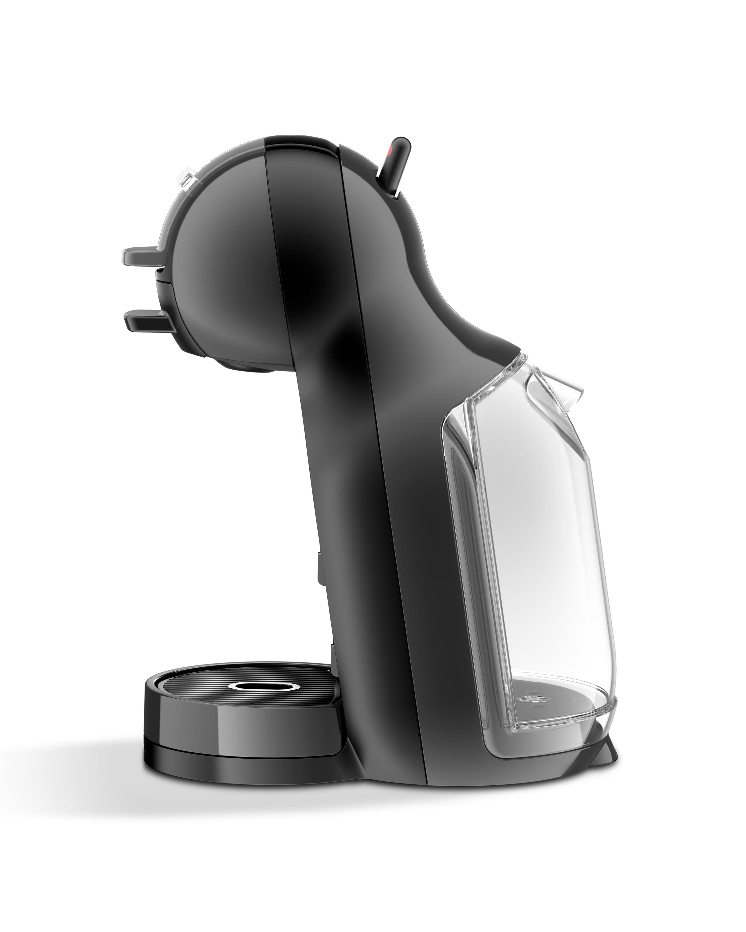 Schwarze Kaffeemaschine mit transparentem Wassertank und schwarzem Sockel.