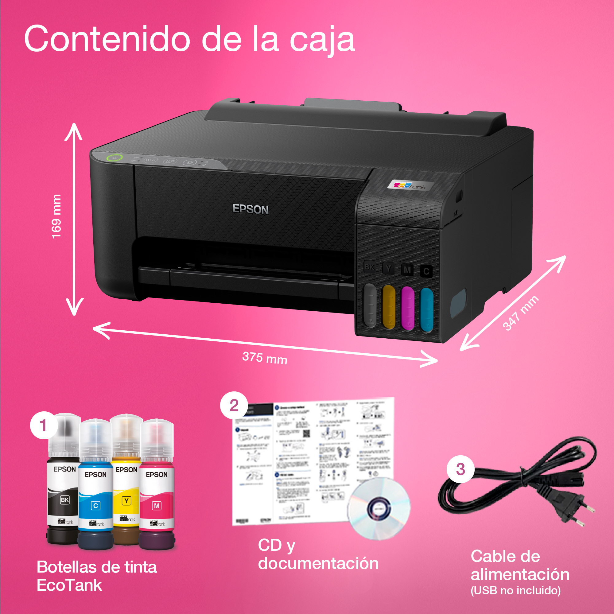 Una impresora Epson con botellas de tinta, CD y cable de alimentación, con dimensiones.