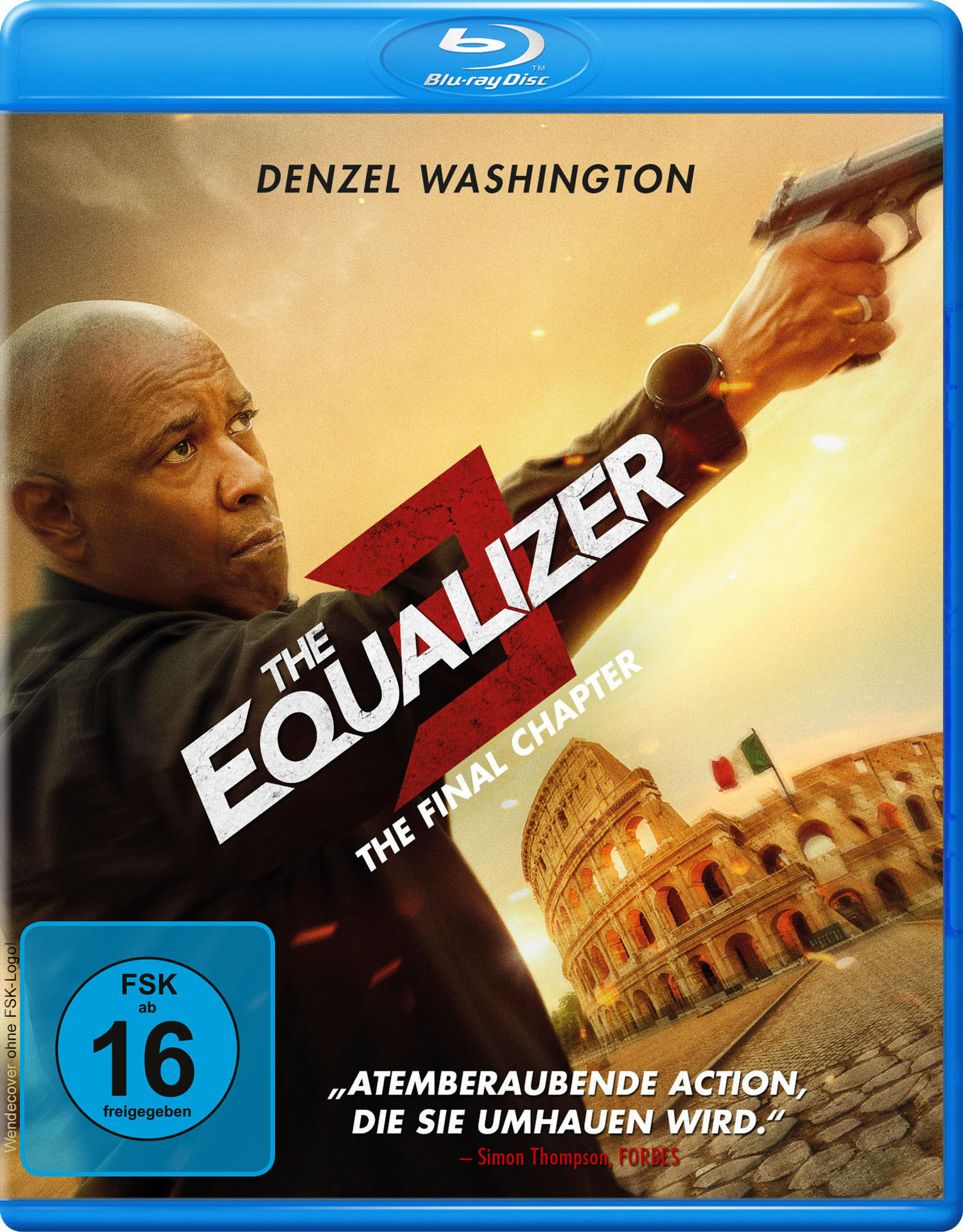 DVD-Cover von The Equalizer 3. Denzel Washington hält eine Waffe. Im Hintergrund ist das Kolosseum zu sehen.