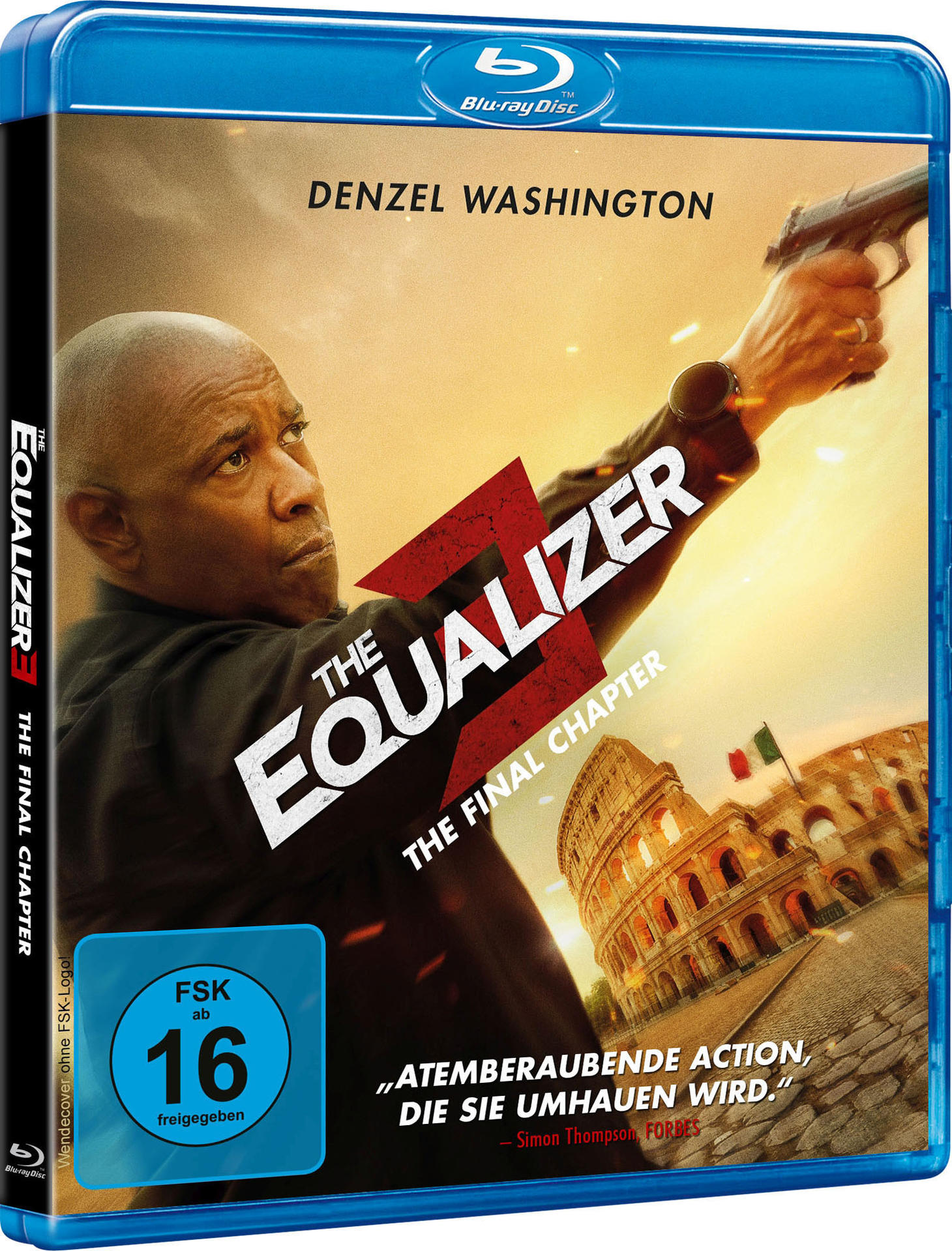 Blu-ray-Disc-Cover: Denzel Washington mit erhobener Waffe in einer Filmszene.