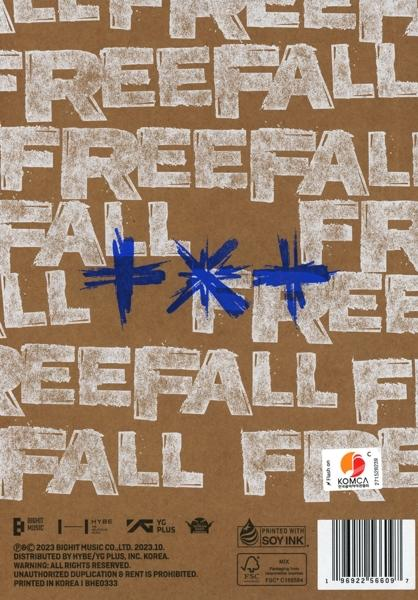 Albumcover mit großem weißem Text FREEFALL vor braunem Hintergrund mit blauen Markierungen.