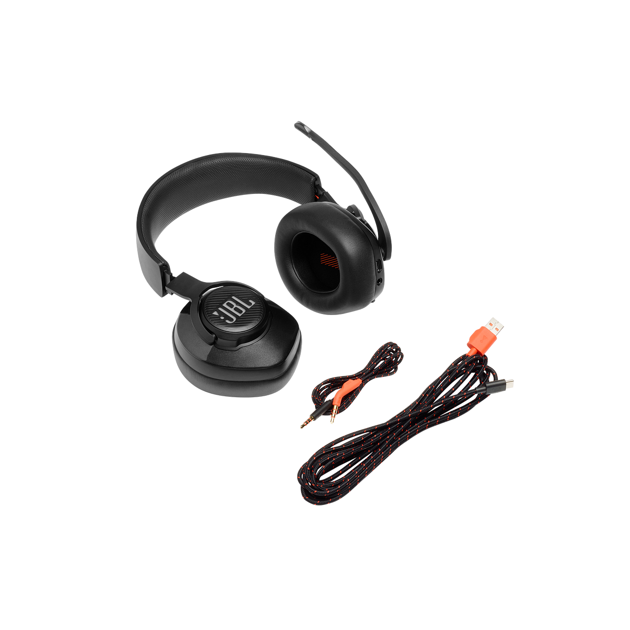 JBL-Kopfhörer mit Mikrofon, einem Kabel und einem orange-schwarzen Kabel, auf weißem Hintergrund.