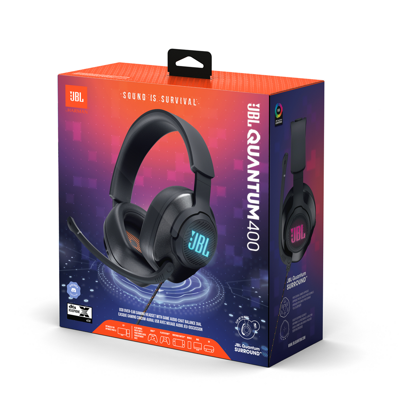 JBL Quantum 400 Gaming-Headset-Box mit dem Headset auf Display.