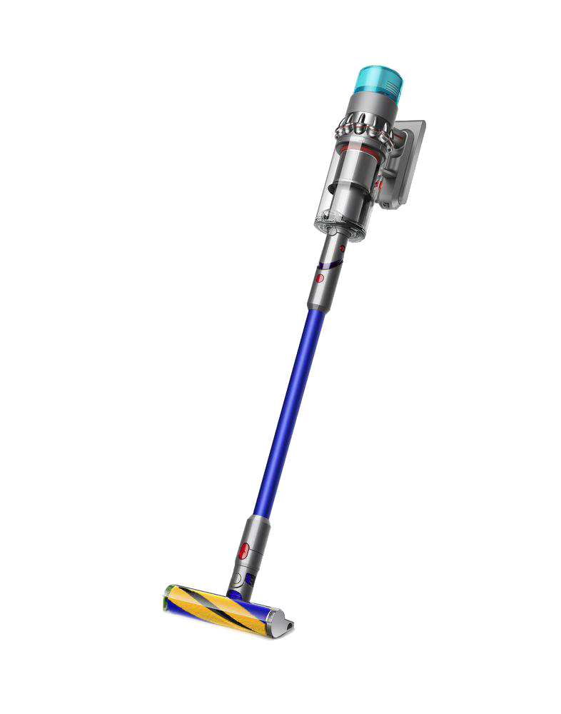 Blau-silberner Dyson Staubsauger auf schwarzem Hintergrund.