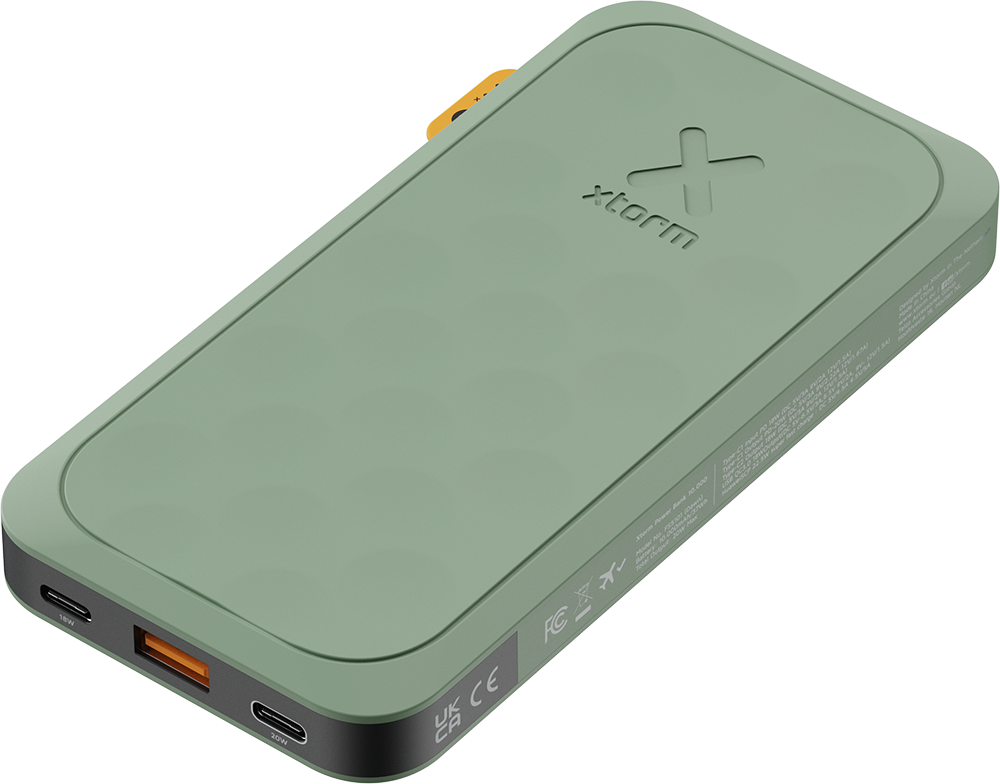 Green power bank with orange port.  The brand name is X-storm.