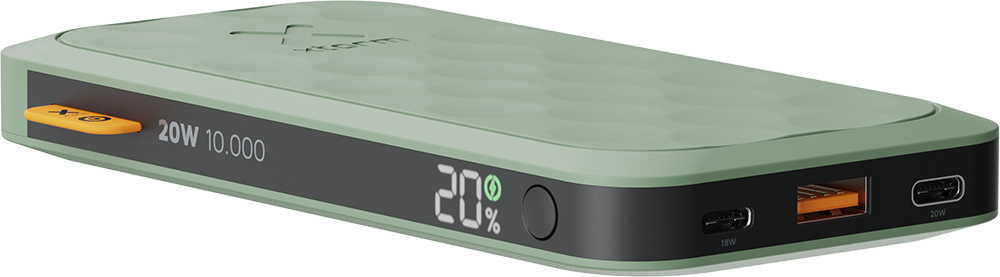 Green power bank with digital display showing 20% charge. USB ports visible.