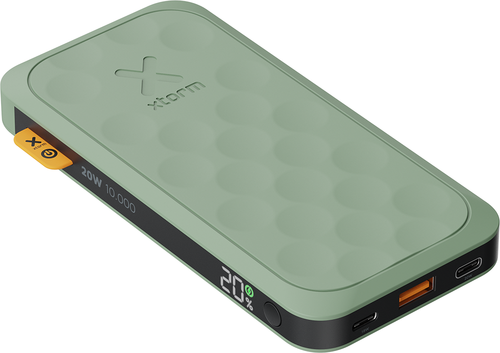 Green power bank with 20W and 10,000mAh on the front, on a black surface.