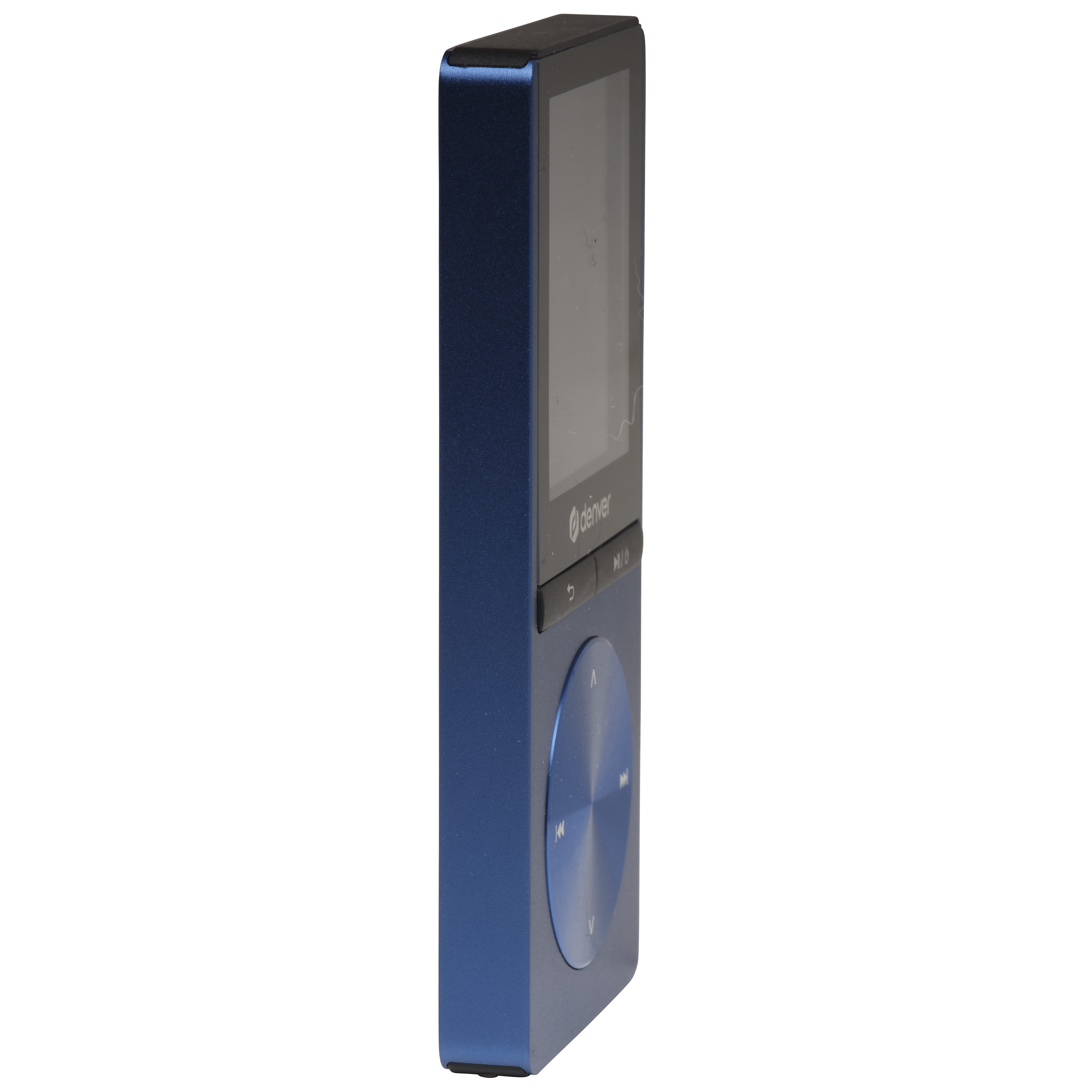 Blauer MP3-Player mit Bildschirm und Knöpfen.