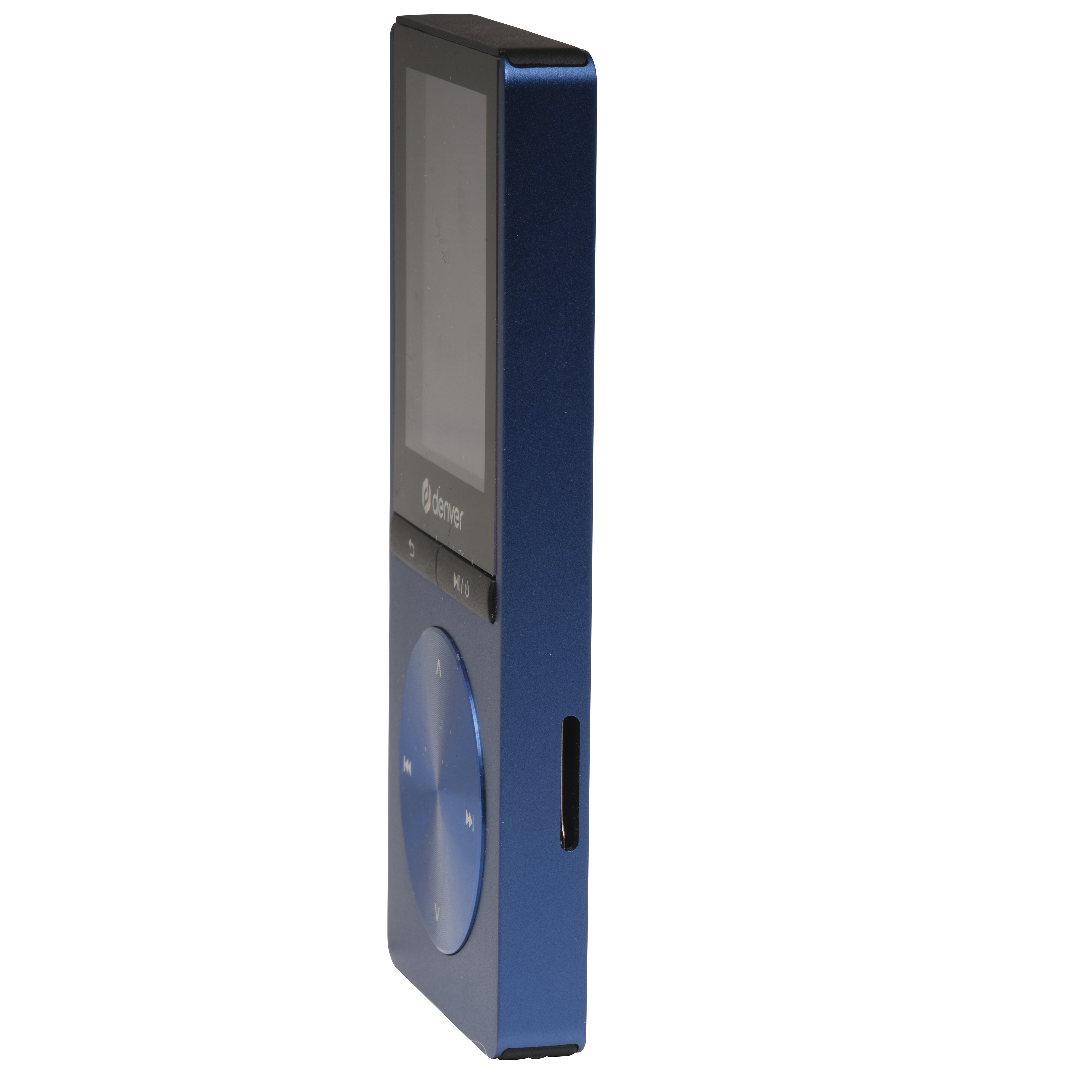 Blauer MP3-Player, Bildschirm sichtbar und Knöpfe.