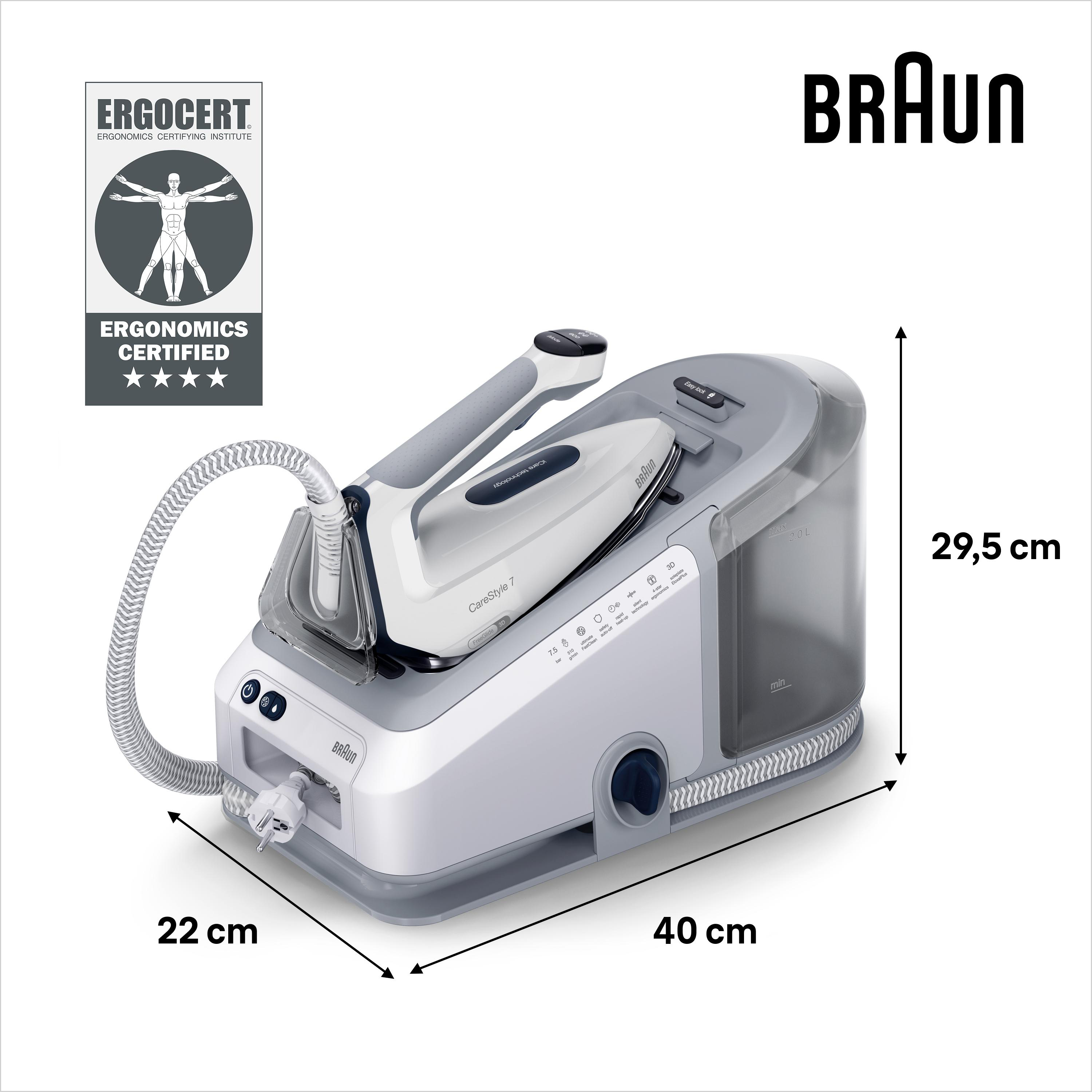 Weiß-graues Braun CareStyle 7 Dampfbügeleisen. Zeigt Maße und ergonomische Zertifizierung.