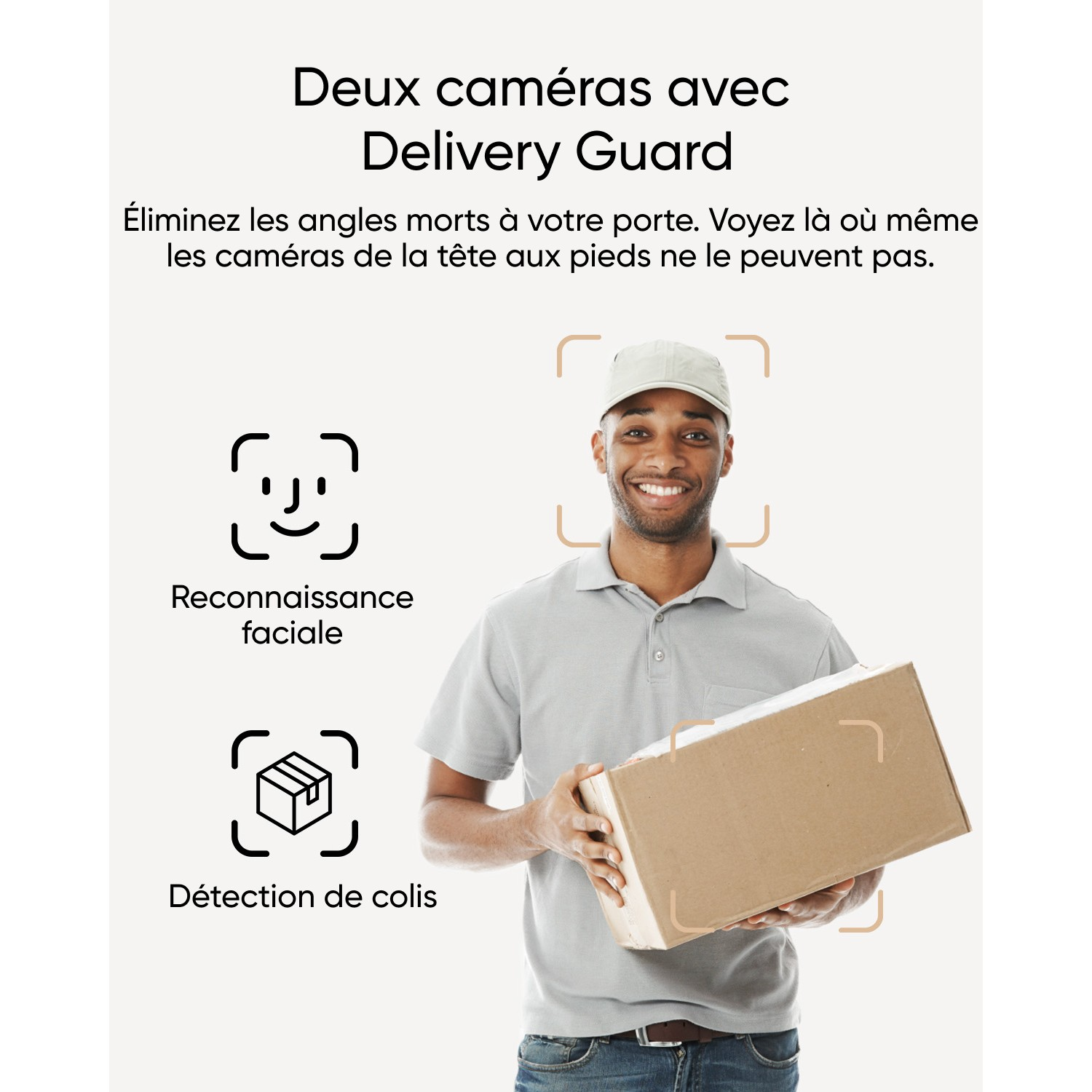 Un homme souriant tenant un colis. Des icônes de reconnaissance faciale et de détection de colis sont affichées.