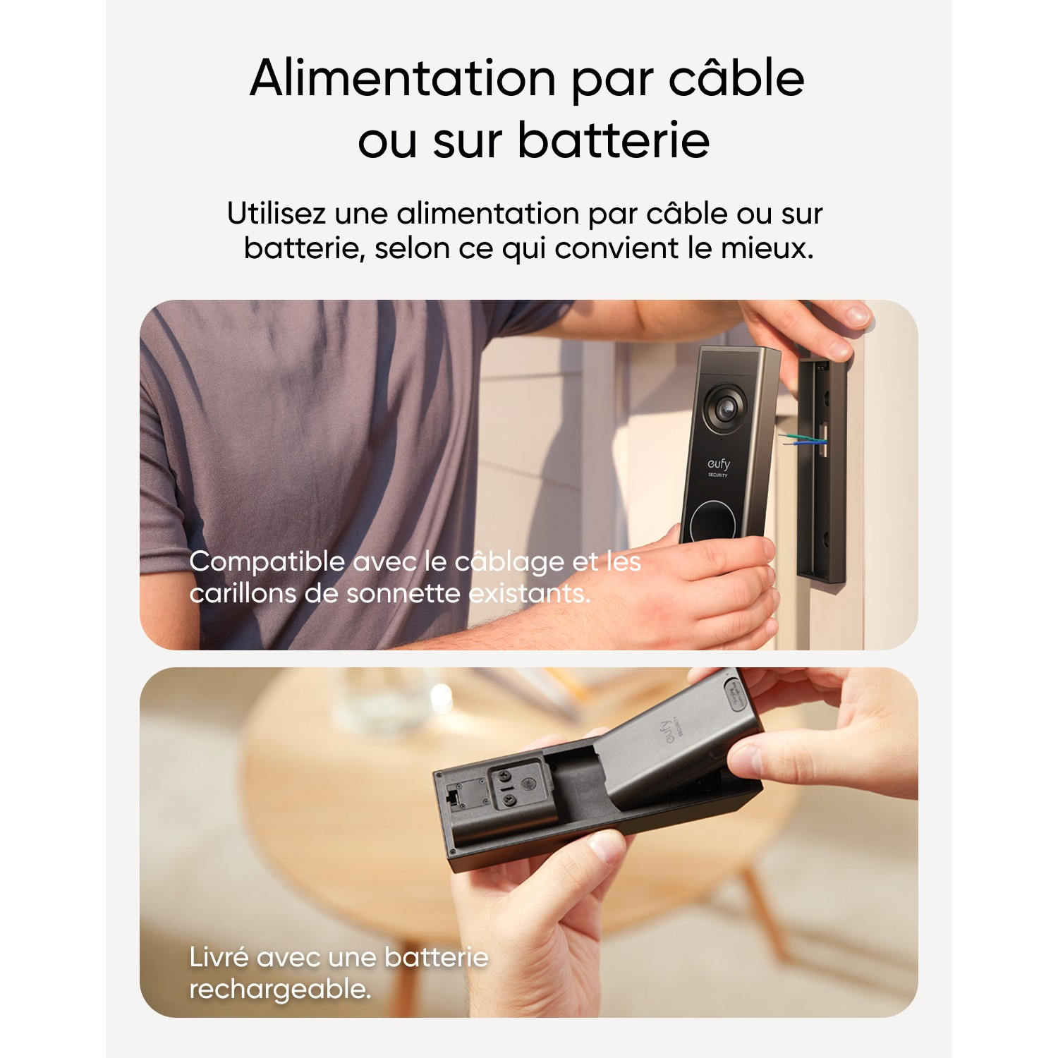 Illustration d'une sonnette intelligente avec options filaires et batterie. Inclut une batterie rechargeable.