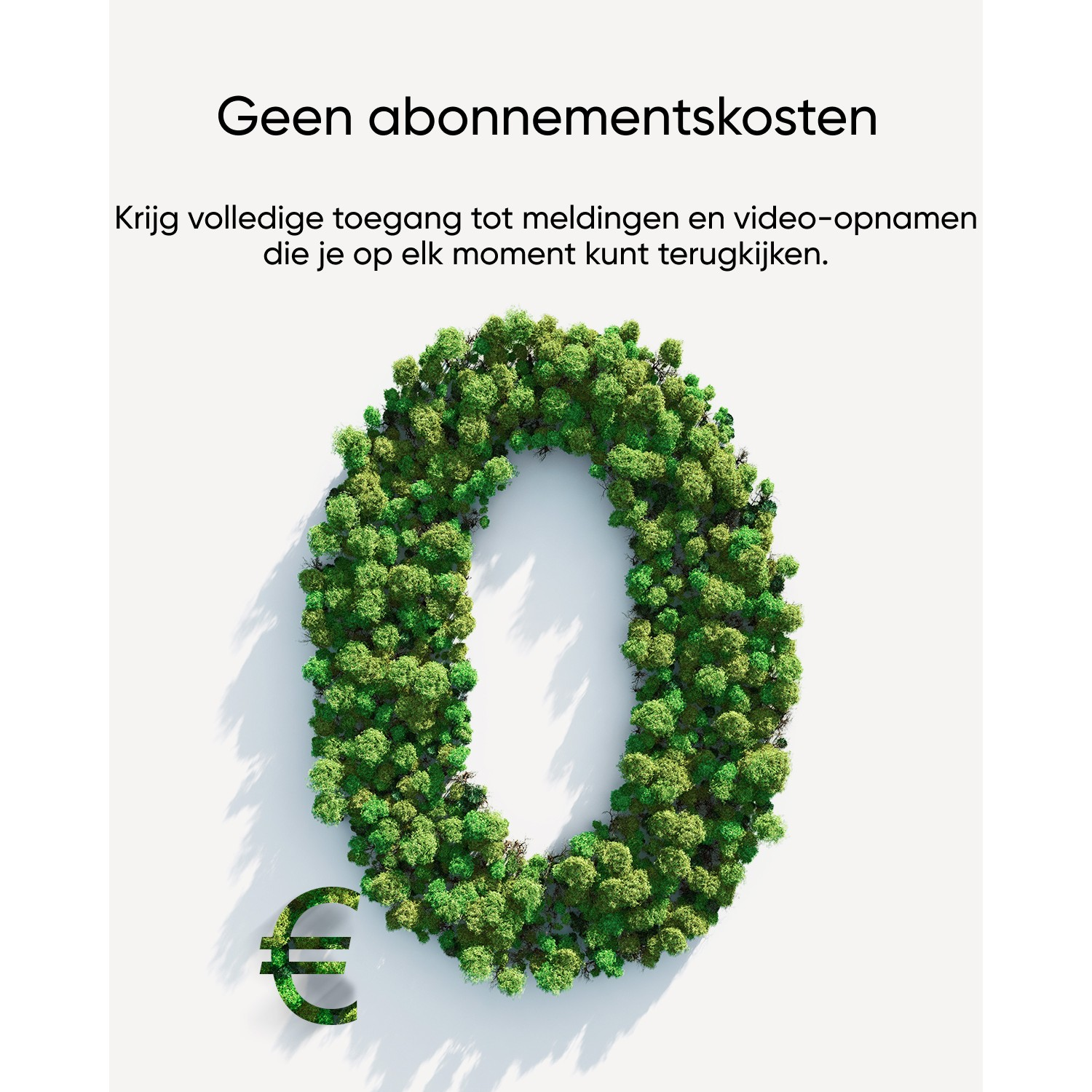 Green leafy number zero formed, with a euro symbol. Text: 'No subscription costs'.