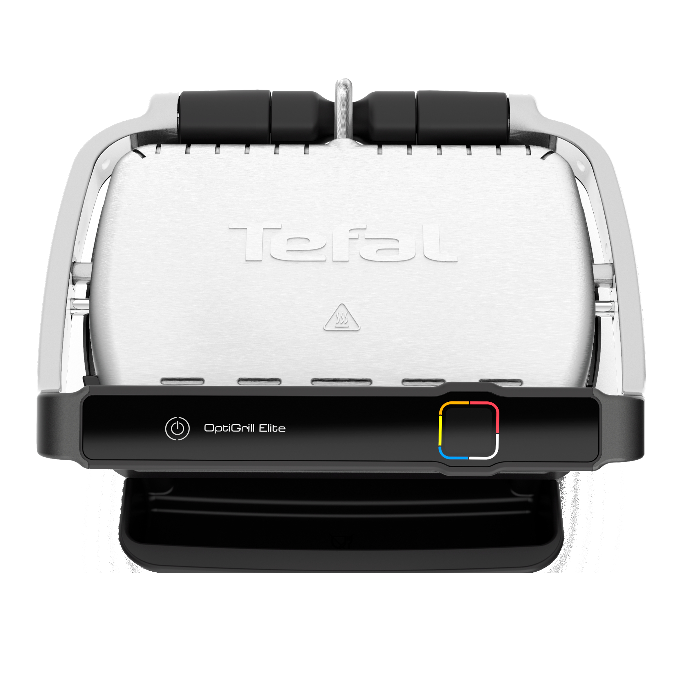Draufsicht auf einen Tefal OptiGrill Elite, mit Griff, Bedienfeld und Kochfläche.