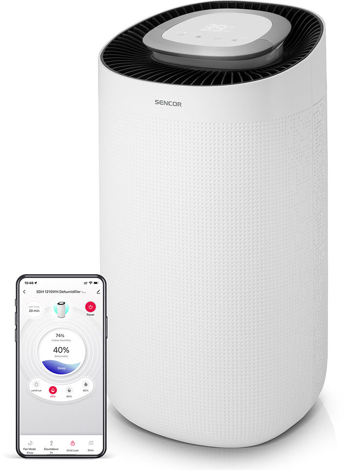 Fehér párátlanító, amely egy alkalmazást jelenít meg a telefonon. A telefonon a páratartalom és az alvó üzemmód opciók láthatók.
