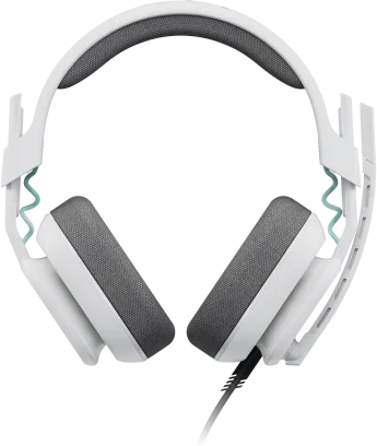 Fehér gamer fejhallgató mikrofonnal. A fülpárnák szürkék, a fejpánt fehér.