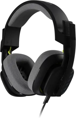 Fekete gamer headset. A headset szürke fülpárnákkal és mikrofonnal rendelkezik. Fekete háttéren van.