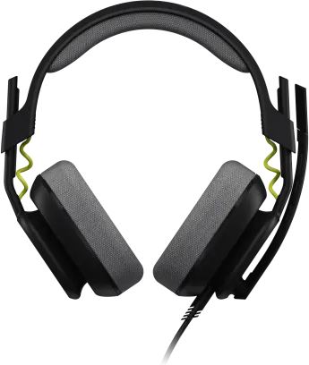 Fekete-szürke gamer fejhallgató. Mikrofonnal és sárga díszítéssel.