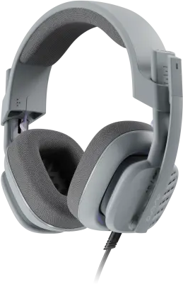 Szürke gamer headset mikrofonnal. Sötét háttér előtt.