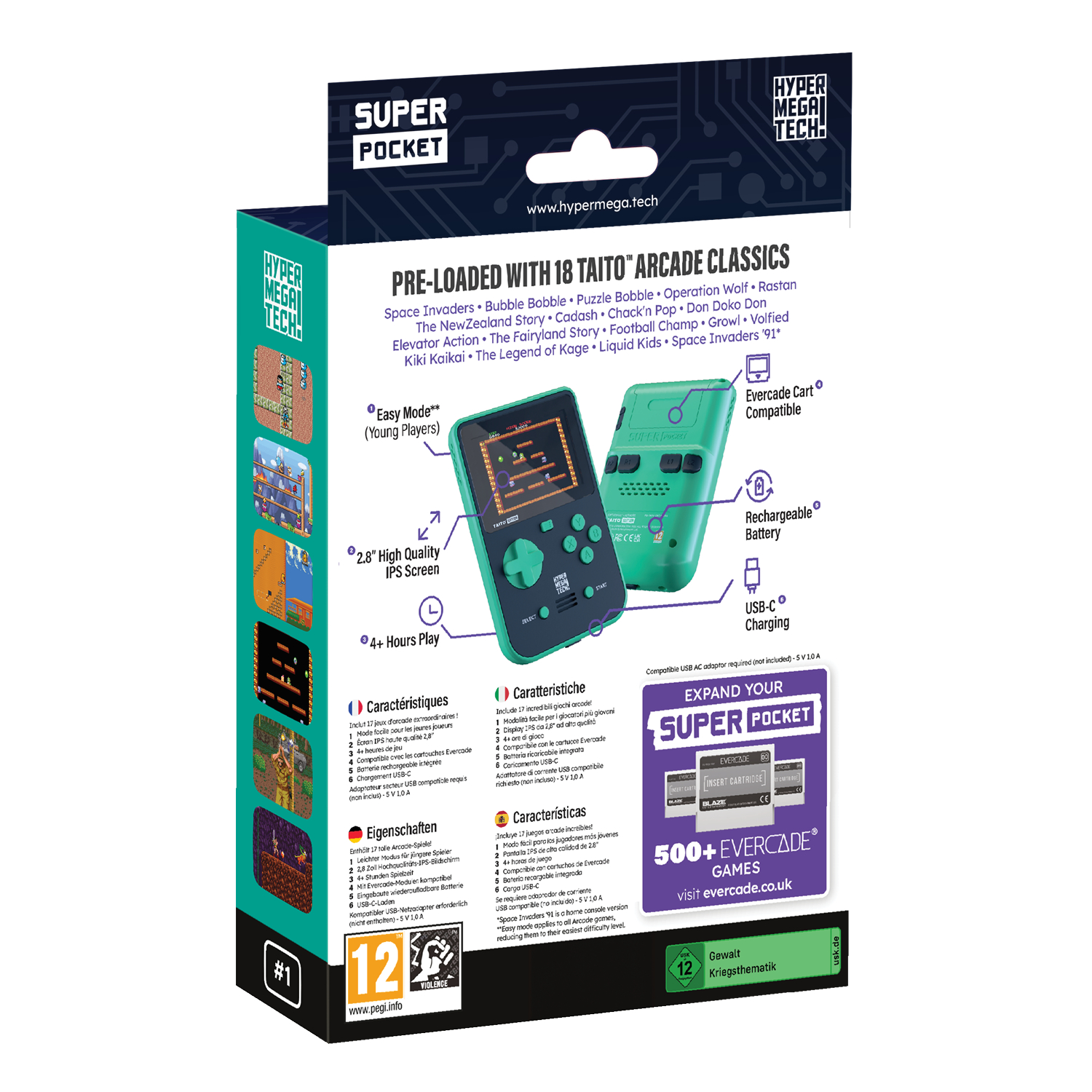 Box für Hyper Mega Tech Super Pocket Spielekonsole. Grün Konsole Bild auf Vorder- und Rückseite.