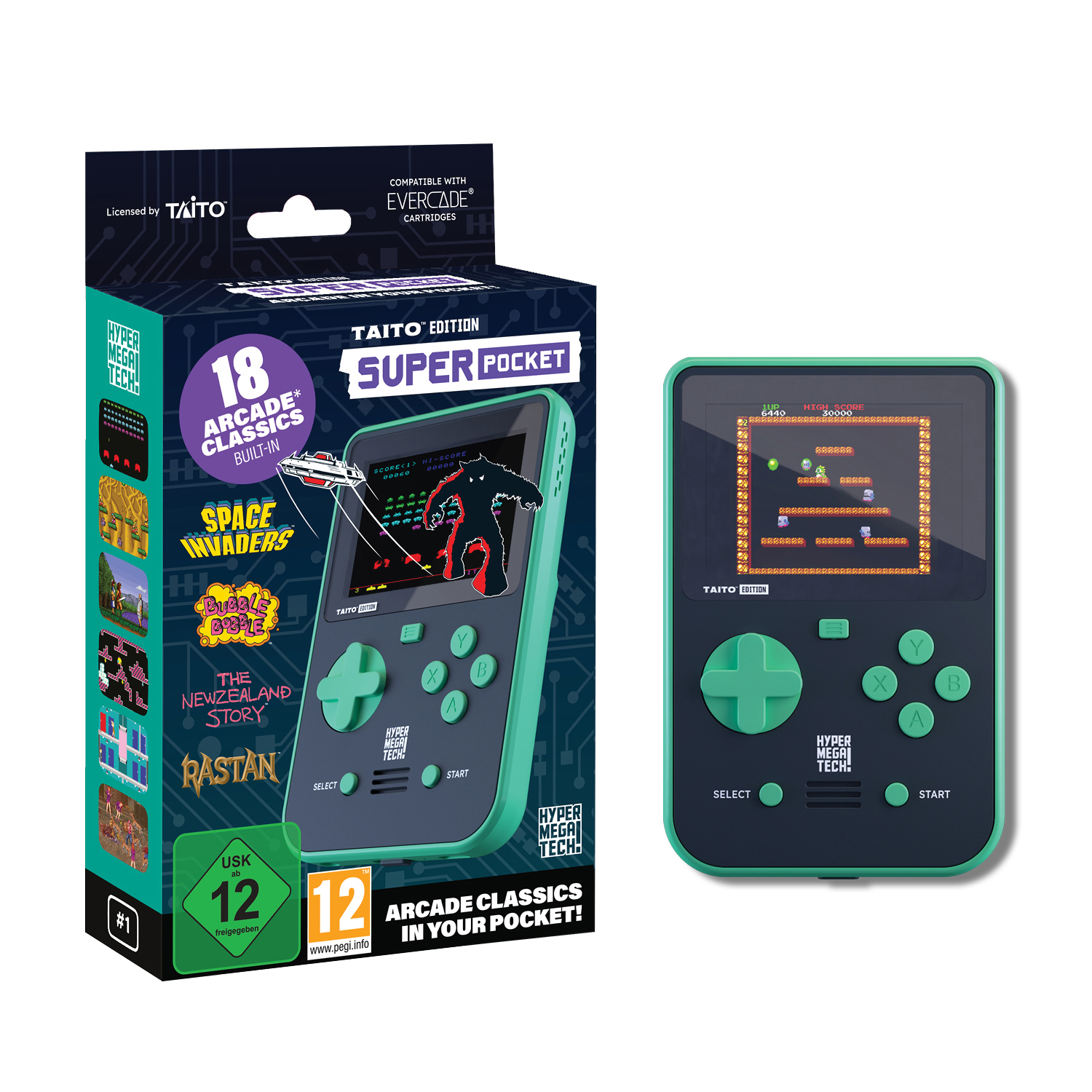 Verpackte Hyper Mega Tech Super Pocket Arcade-Konsole, grün und schwarz. Ein Spiel wird gezeigt.