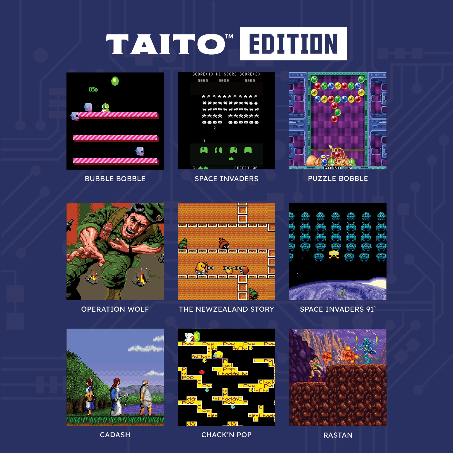 Eine Sammlung von Retro-Videospiel-Screenshots, darunter Bubble Bobble und Space Invaders.