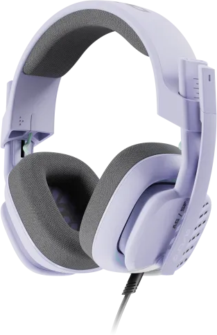 Világos lila gamer headset szürke fülpoharakkal és egy fekete zsinórral lógva.