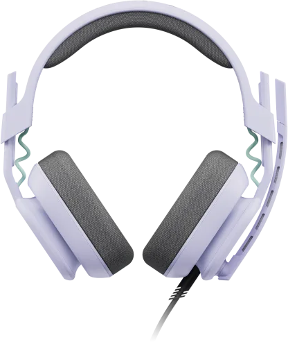Fehér és lila gamer headset szürke fülpárnákkal, fekete kábellel és fehér háttérrel.
