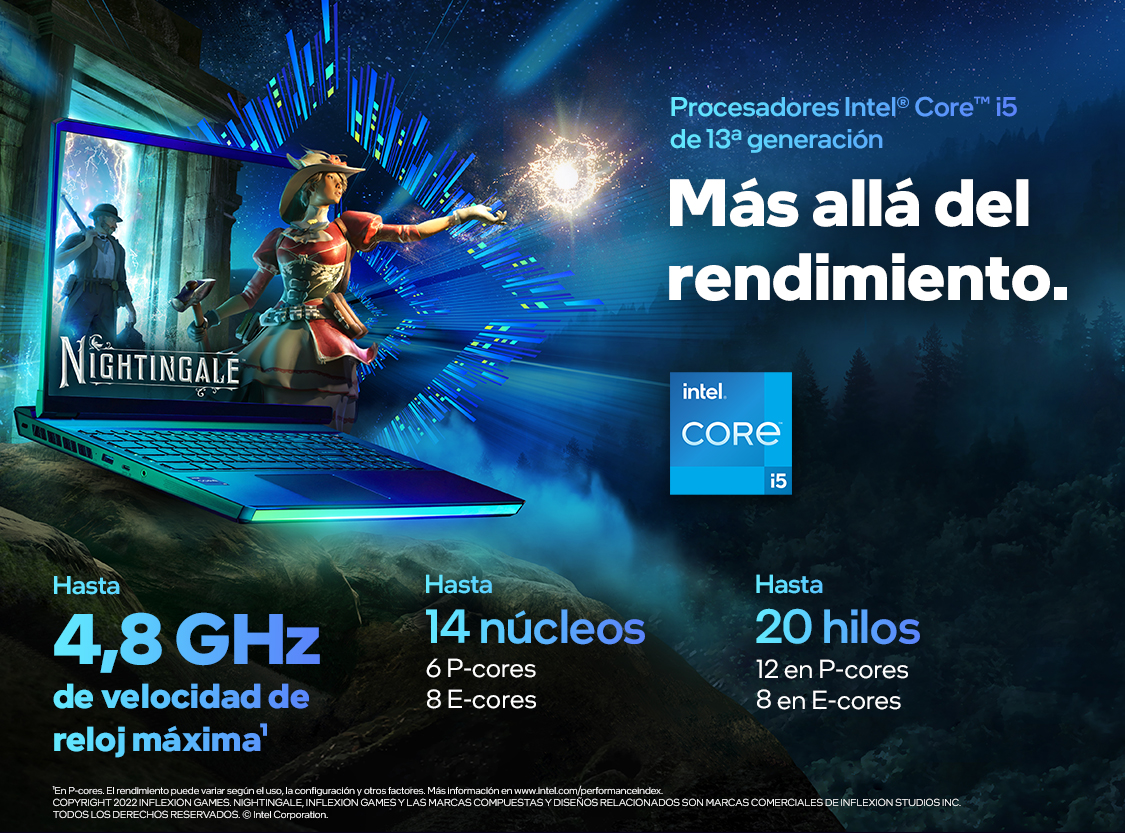 Un anuncio de procesadores Intel Core i5, que muestra un portátil con una escena de juego.