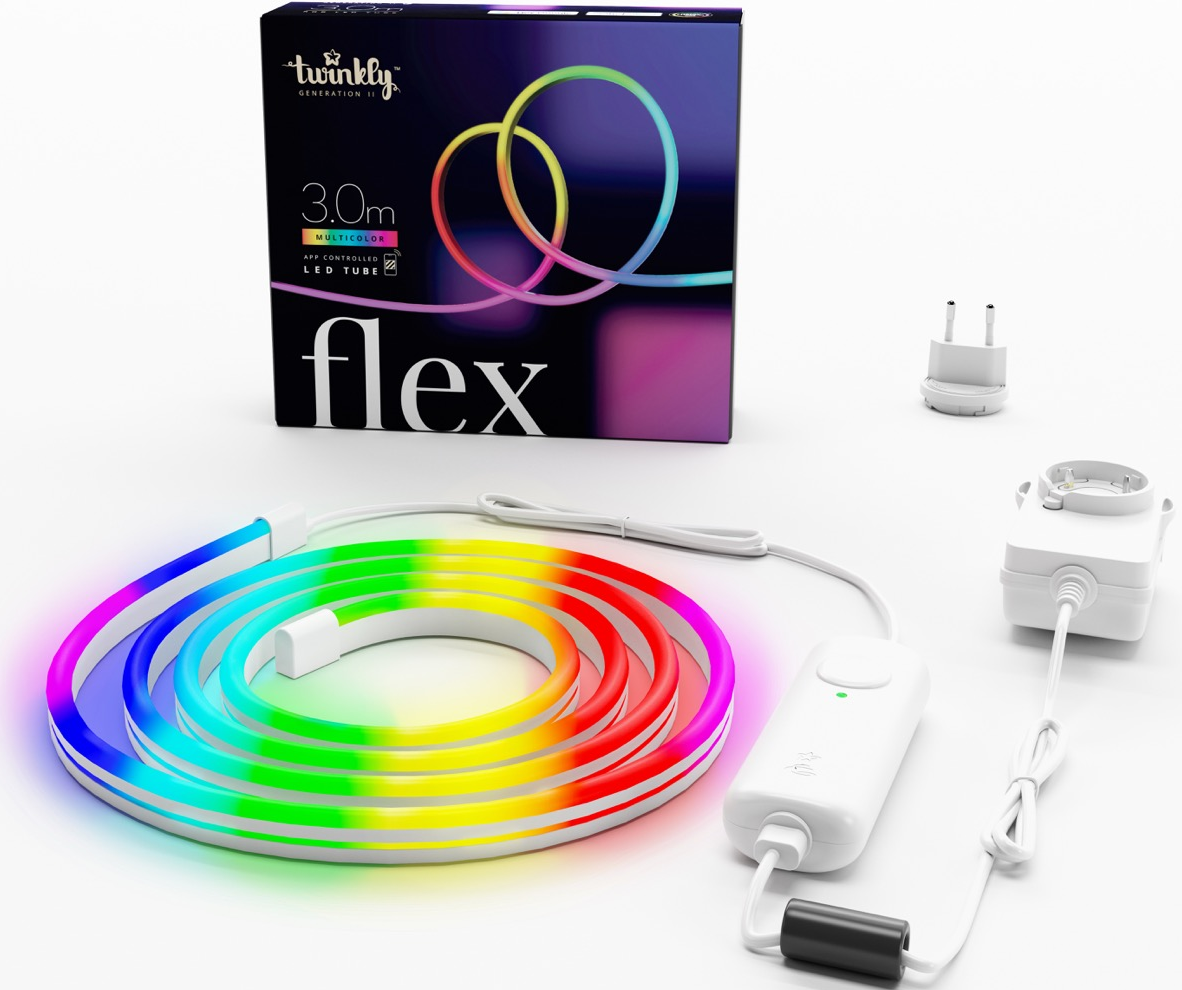 Una striscia LED colorata in un cerchio, con una scatola, una spina e un'unità di controllo.