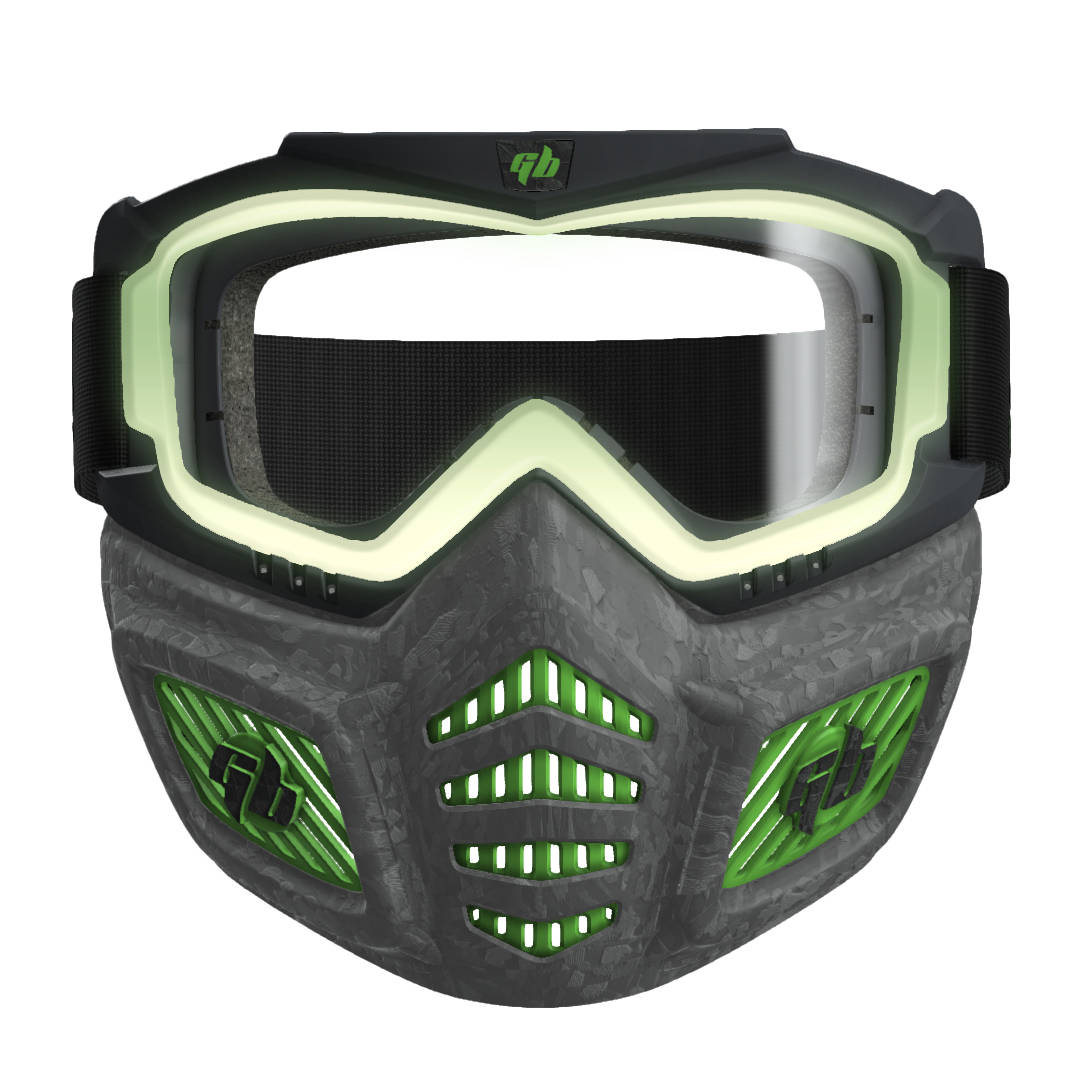 Schwarze und graue Paintballmaske mit grünen Akzenten. Klare Schutzbrille mit neongrünem Leuchten. Die Maske hat Belüftungsöffnungen.
