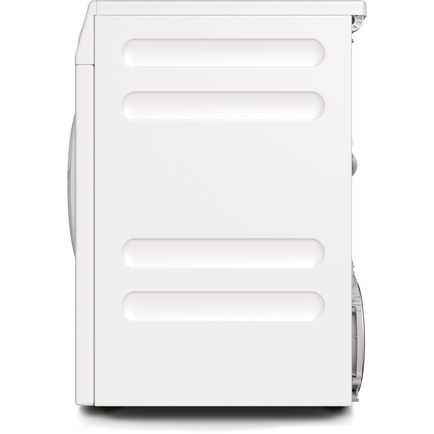 Witte wasmachine, zijaanzicht. Voorzien van vier horizontale inkepingen.