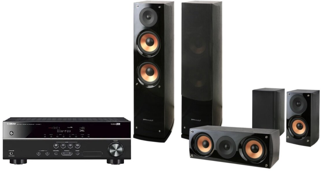 Konfiguracja kina domowego z odbiornikiem, głośnikami i subwooferem na białym tle.