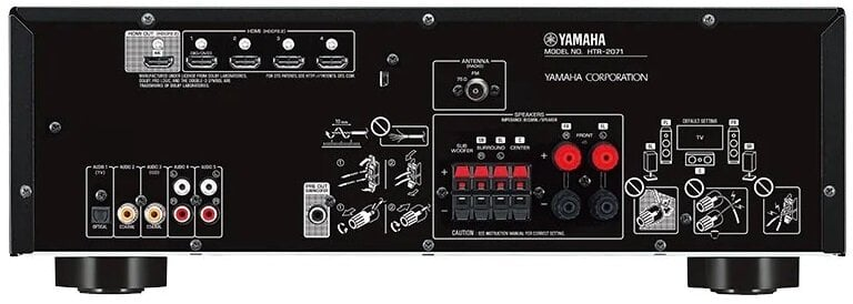 Tył amplitunera Yamaha z różnymi portami, połączeniami i informacjami o modelu.