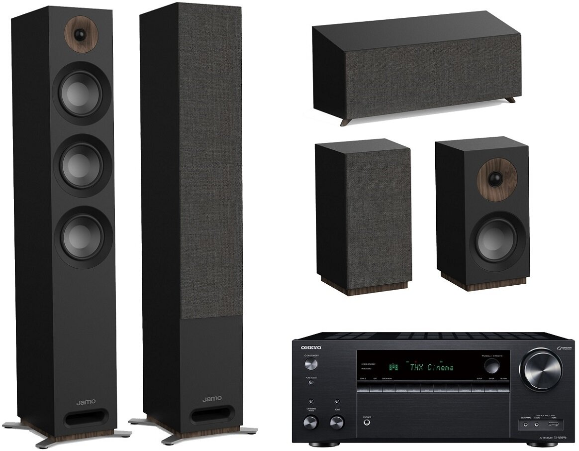 Zestaw głośników kina domowego. Zawiera dwa wysokie głośniki, dwa mniejsze i subwoofer.