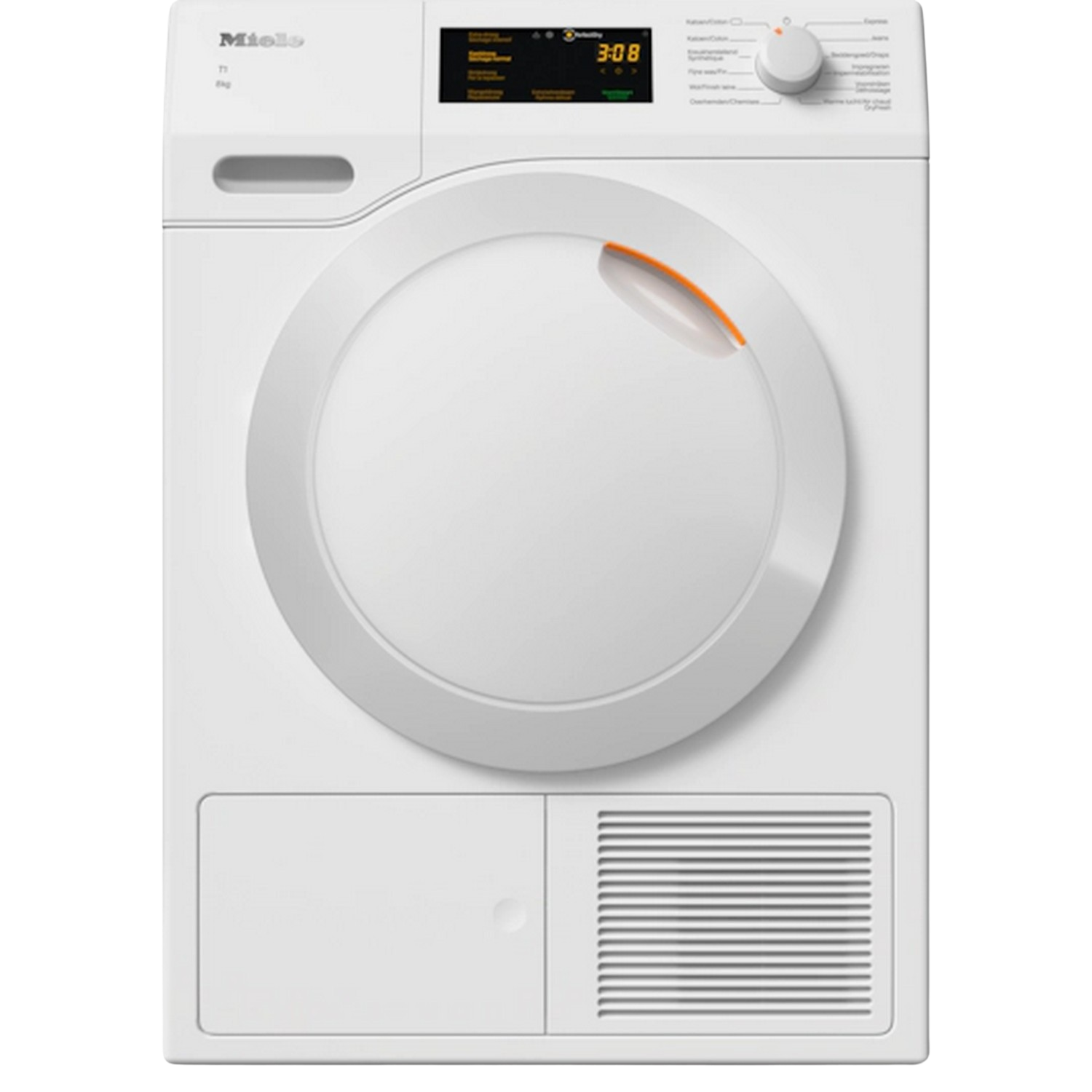 Witte Miele droger met digitaal display. Ronde deur en draaiknop rechtsboven.