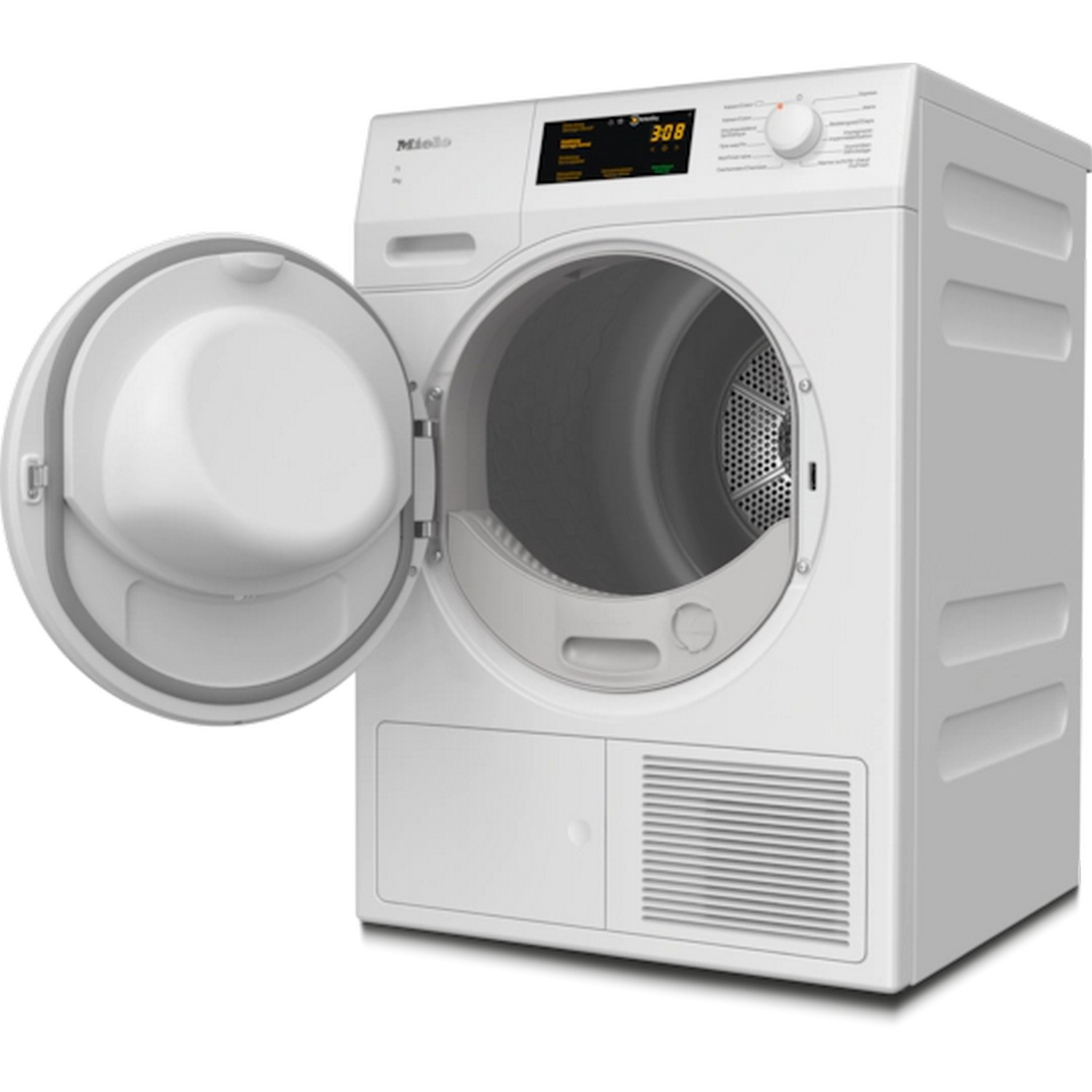 Witte wasmachine met open deur. Digitaal display toont cijfers. Voordeur open, interieur zichtbaar.