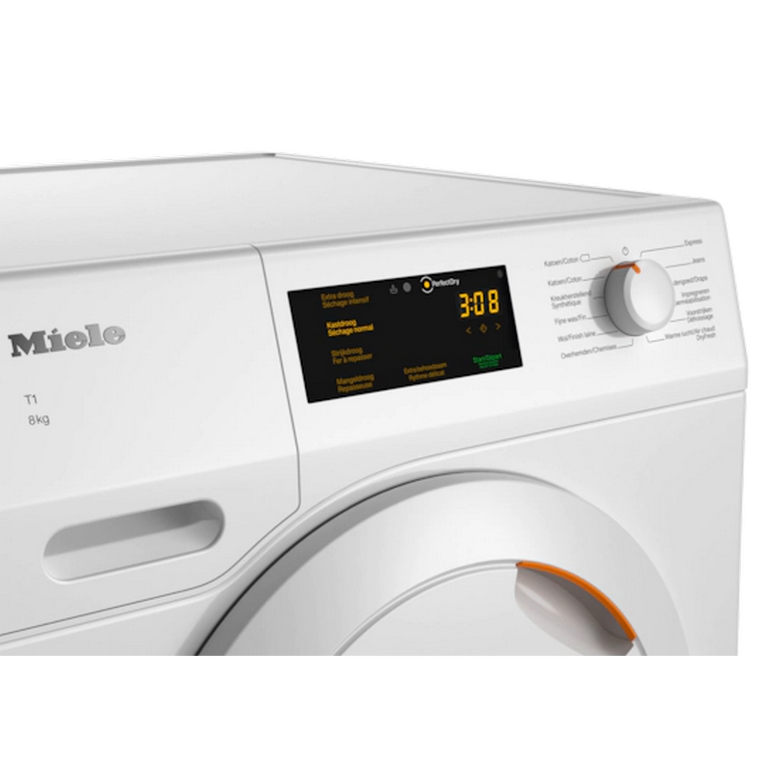 Een close-up van het bedieningspaneel van een witte wasmachine.
