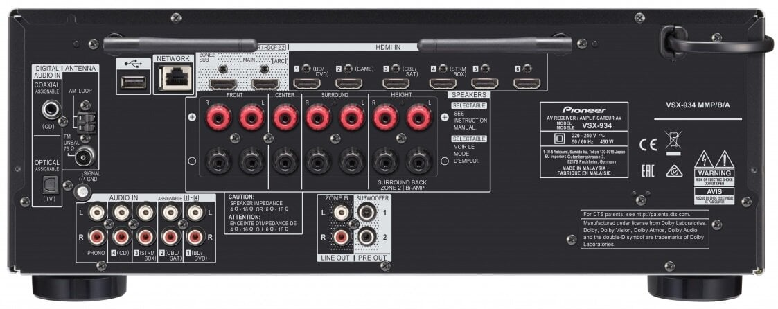 Tylny panel amplitunera AV Pioneer z różnymi portami, w tym HDMI, siecią i połączeniami głośnikowymi.