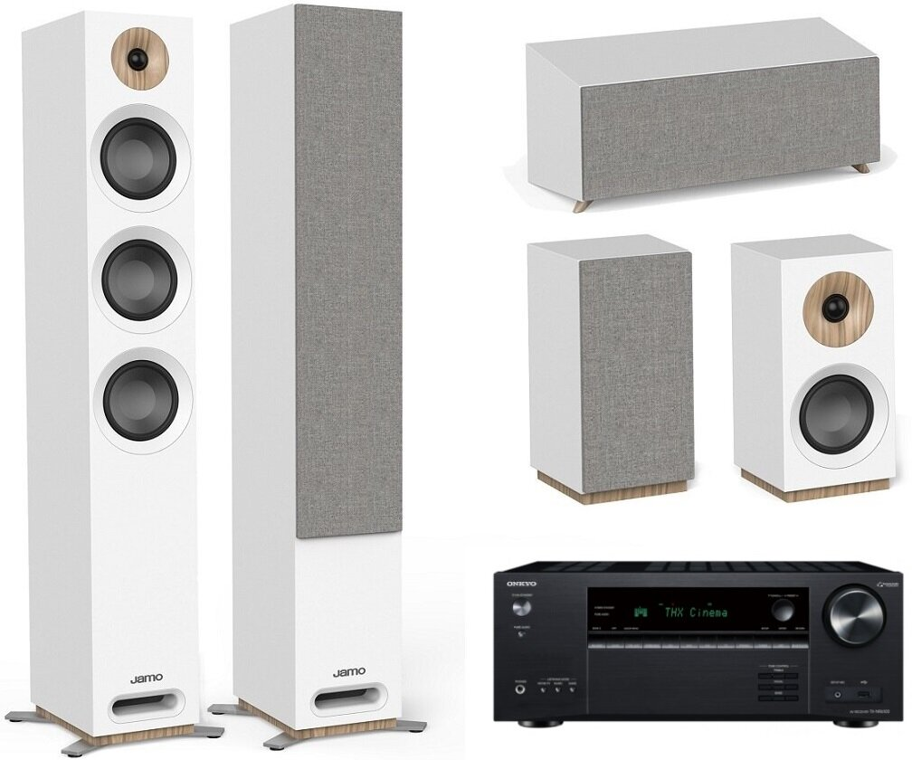 Białe głośniki i odbiornik. Dwa wysokie, dwa małe i jeden długi głośnik. Czarny odbiornik na dole.