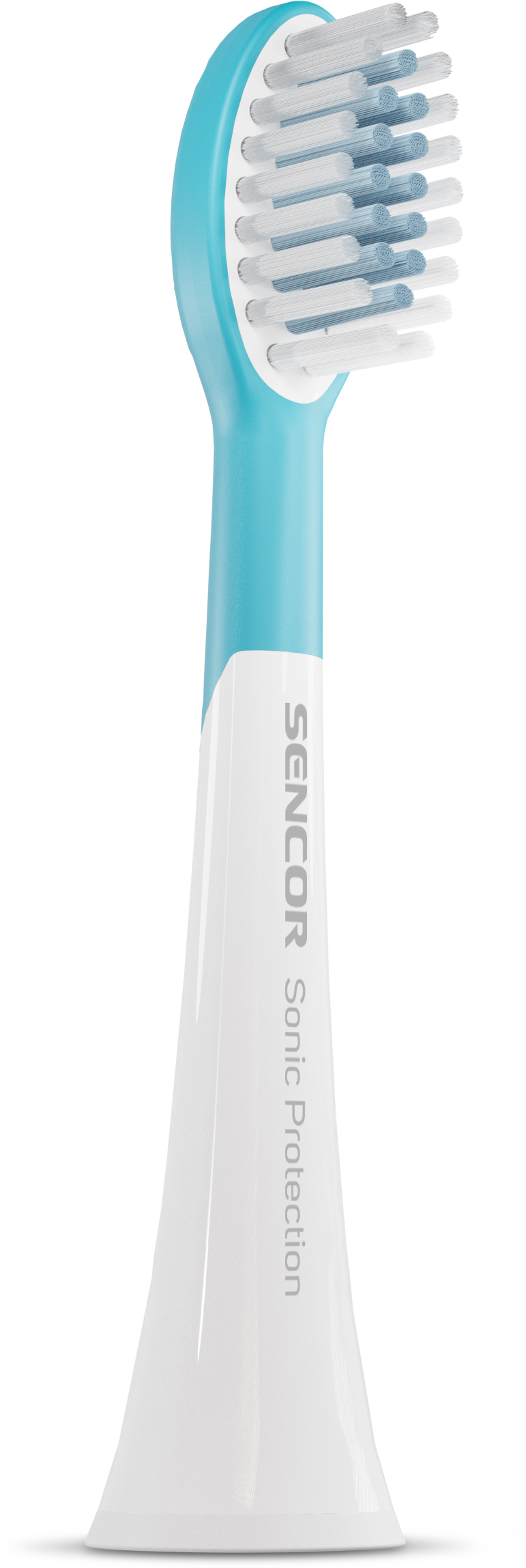Kék-fehér fogkefefej közeli képe, Sencor Sonic Protection felirattal.