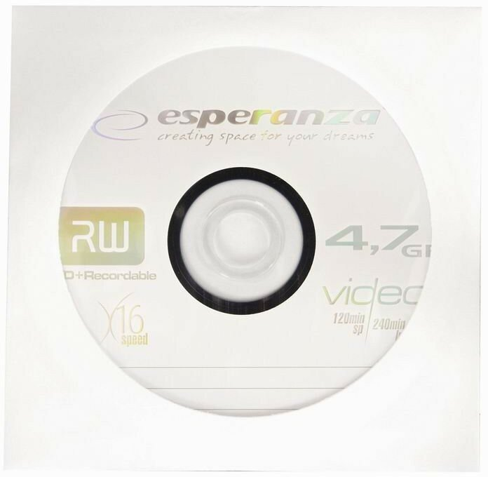 Biała płyta DVD-RW z tekstem 'Esperanza' i '4,7 GB Video'.