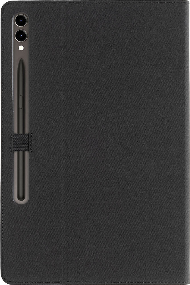 Black tablet case with a stylus attached, showing the back of the tablet.