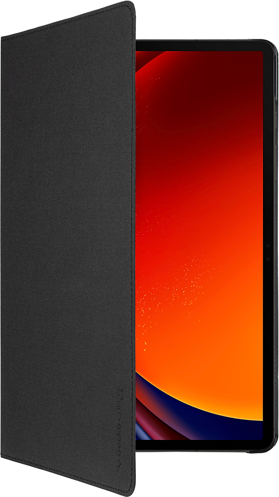 A black tablet with a black cover, angled on a white background.