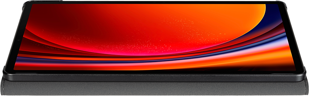 Tablet with black frame, opened, showing abstract image of red and orange colors.
