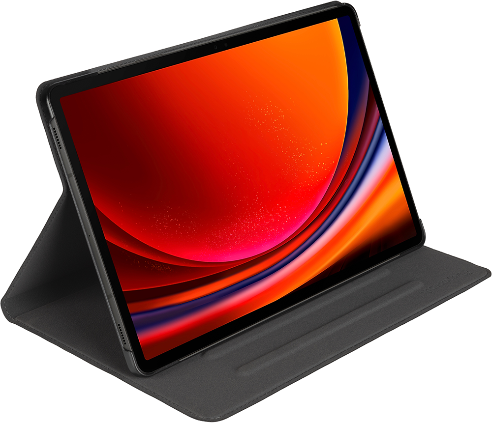 An iPad in a black case is open, displaying an abstract, colorful background against a white backdrop.