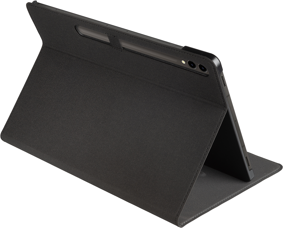 A tablet in a black case, standing at an angle. A stylus pen in the case. White background.