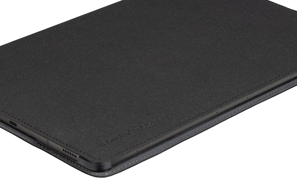 Black tablet cover. The cover is closed, showing the top surface with a textured appearance.